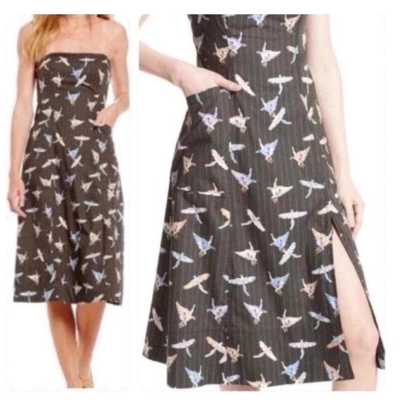 Free People Sunshine of Your Love Gray Parrot Print Strapless Midi Dress Size 8 - Picture 1 of 9